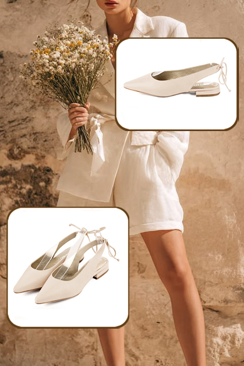 Dress slingback heels in champagne white leather with flat flare heels and pointed toe - Worn view